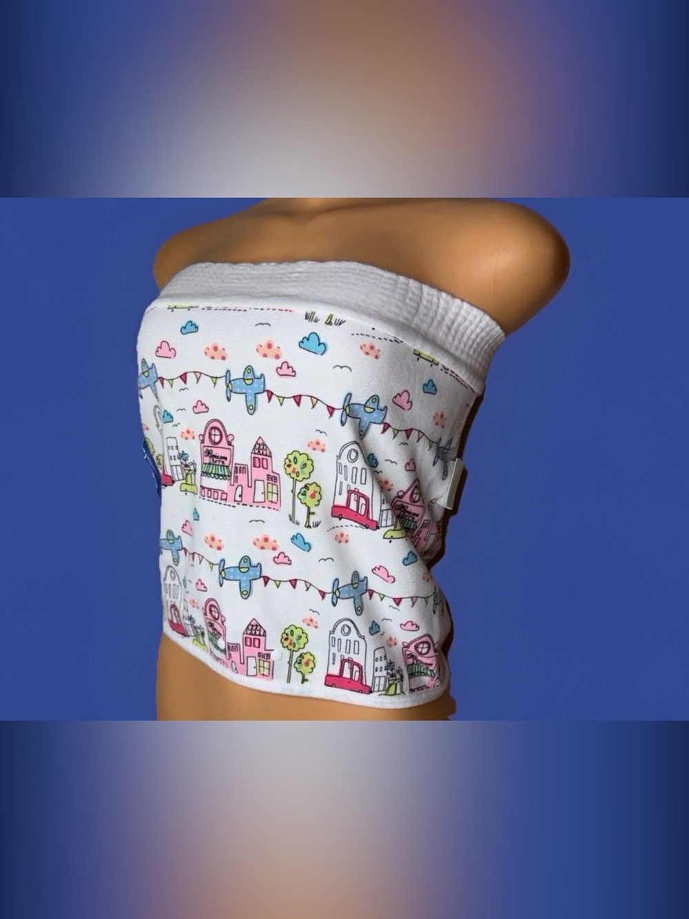 White Strapless Tube Top with Pink & Blue City Print